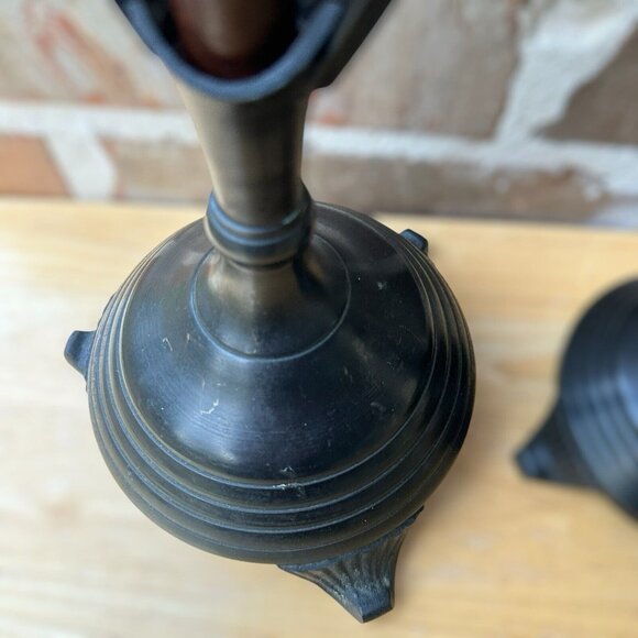 VTG Painted Yellow Brass Metal Candle Holders MCM Tripod 15" & 11.5" Set Of 2 - Picture 5 of 12